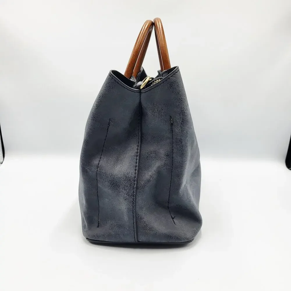 Joy Susan Angie Satchel Bag Carved Wooden Handles Black Vegan Leather Top Handle
